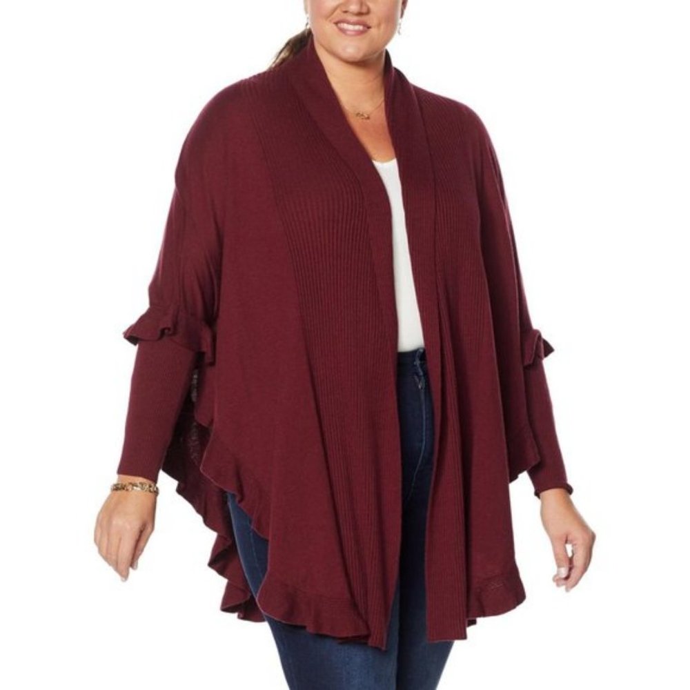 NWT‎ COLLEEN LOPEZ OPEN FRONT RUFFLE PONCHO SWEATER WINE M/L